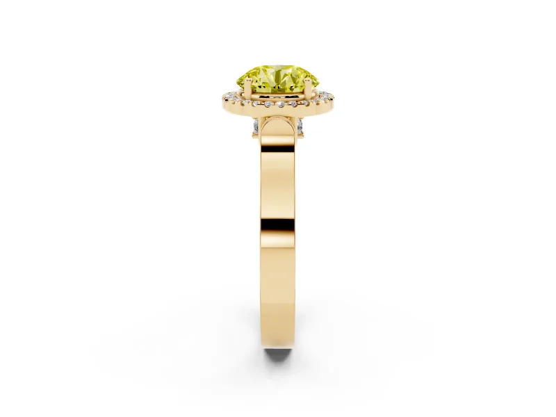 Round Halo Engagement Ring Setting for a Fancy Yellow Lab-Grown Diamond | Pavé Panel Shoulders | Yellow Gold