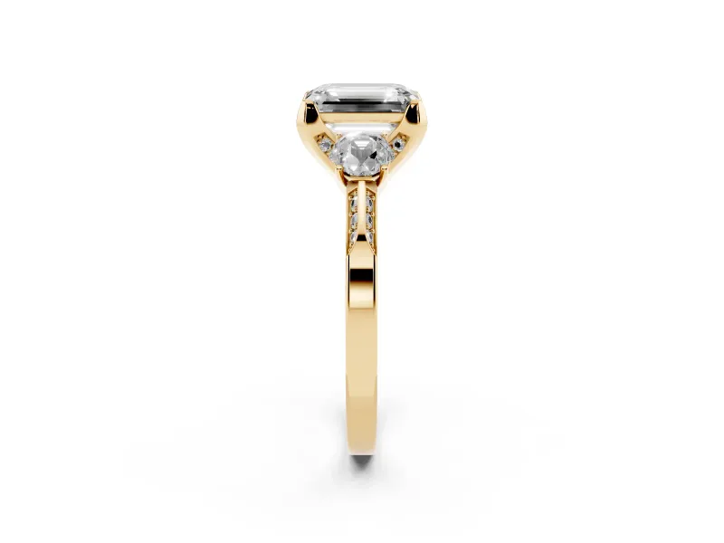 Emerald Cut Hidden Halo Three Stone Engagement Ring Setting for a Fancy Yellow Lab-Grown Diamond | Yellow Gold