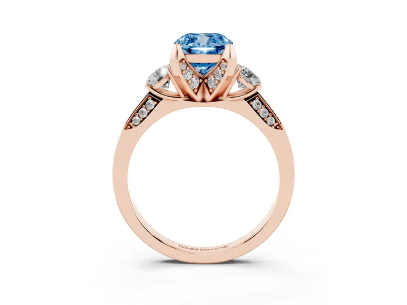 Cushion Cut Hidden Halo Three Stone Engagement Ring Setting for a Fancy Blue Lab-Grown Diamond | Rose Gold