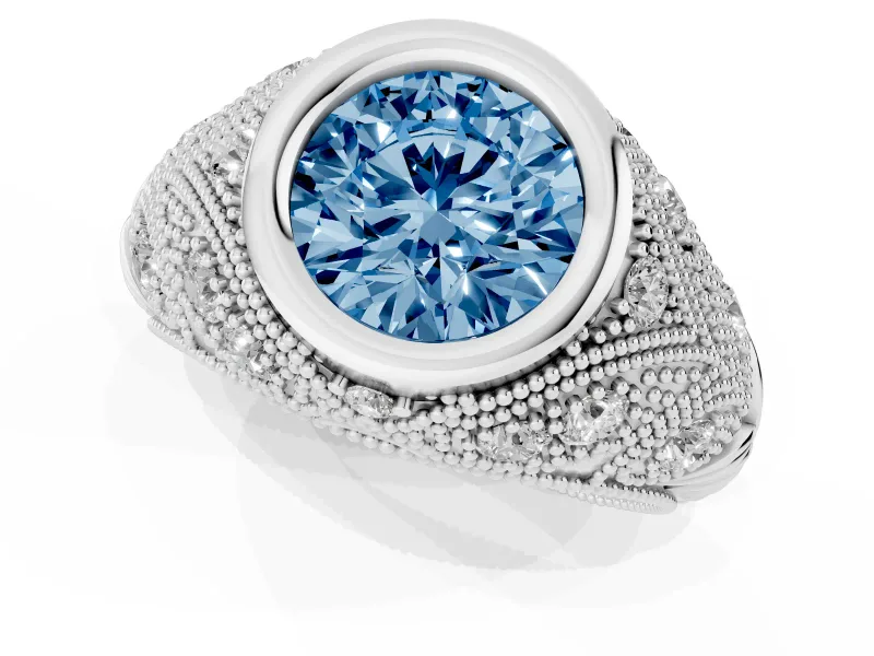 Round Vintage Bezel Engagement Ring Setting for a Fancy Blue Lab-Grown Diamond | Platinum