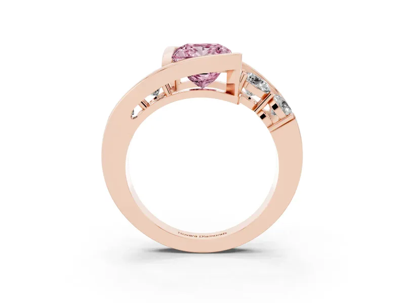 Fancy Pink Princess Cut Diamond Bezel Bypass Ring Set in Rose gold with Round Accents