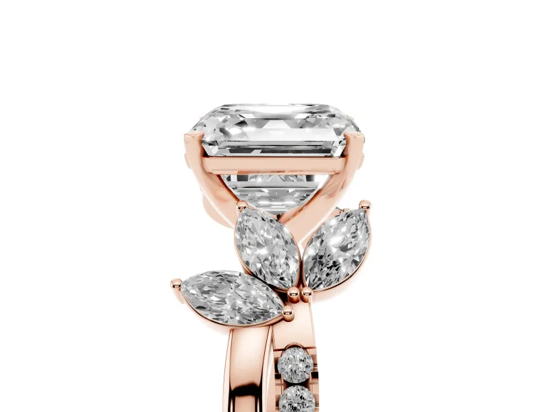 Asscher Cut Diamond Floral Vine Solitaire Engagement Ring Set in Rose gold with Marquise Leaves