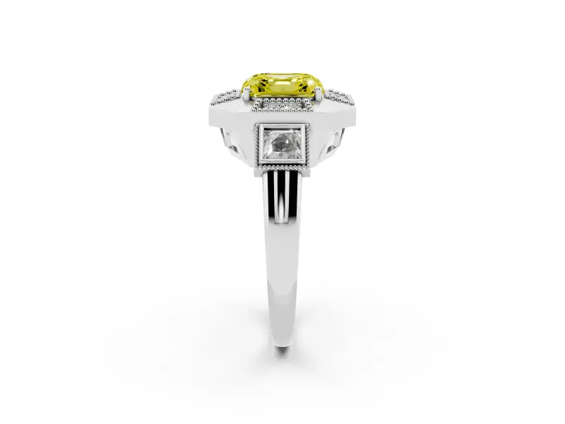 Fancy Yellow Asscher Cut Diamond Milgrain Halo Ring Set in Platinum with Split Shank