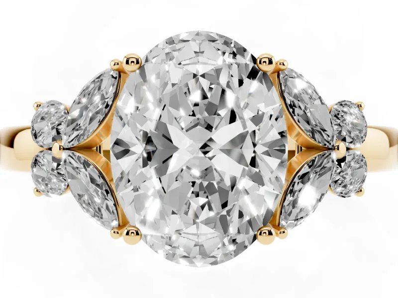 Oval Cut Diamond Solitaire Floral Ring Set in Yellow gold with Marquise Petals and Prong Setting