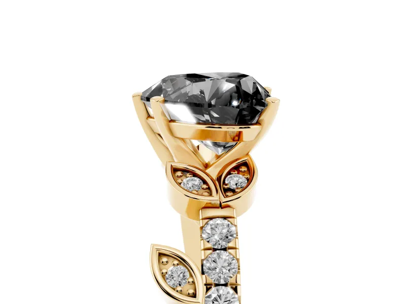 Fancy Black Heart Cut Diamond Solitaire Leaf-Inspired Ring Set in Yellow gold with Pavé Band and Prong Setting