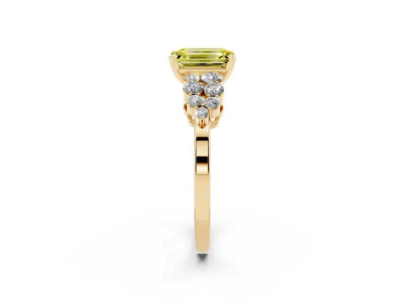 Fancy Yellow Emerald Cut Diamond Cluster Engagement Ring Set in Yellow gold with Pavé Band and Prong Setting
