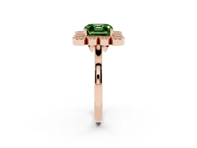Asscher Cut Milgrain Cluster Halo Engagement Ring Setting for a Fancy Green Lab-Grown Diamond | Plain Band | Rose Gold