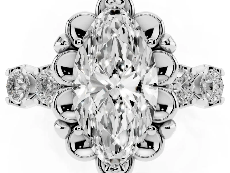 Marquise Floral Engagement Ring Setting | Petal Frame and Side Stones | White Gold