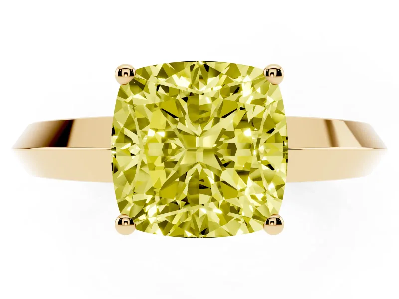 Fancy Yellow Cushion Cut Diamond Solitaire Engagement Ring Set in Yellow gold with Flat Band and Prong Setting