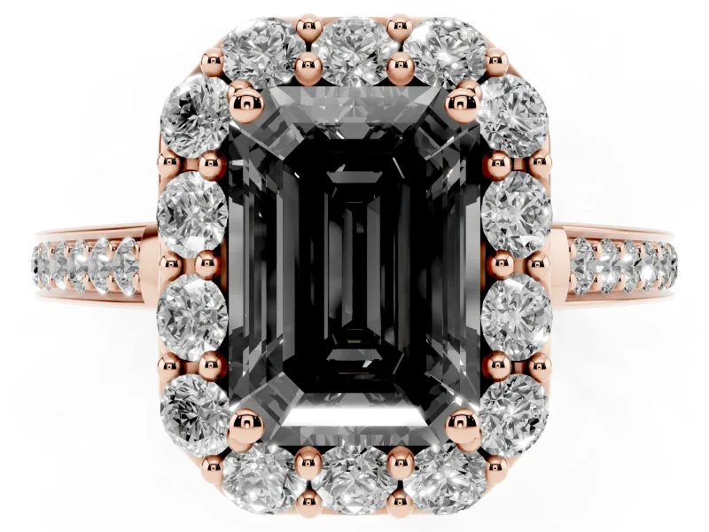 Fancy Black Emerald Cut Diamond Floral Halo Ring Set in Rose gold with Pavé Band and Prong Setting