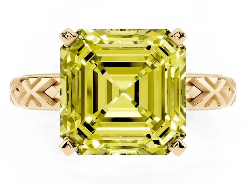 Asscher Cut Vintage Milgrain Engagement Ring Setting for a Fancy Yellow Lab-Grown Diamond | X Pattern Band | Yellow Gold