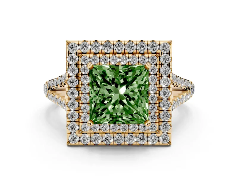 Fancy Green Princess Cut Diamond Double Halo Ring Set in Yellow gold with Pavé Band