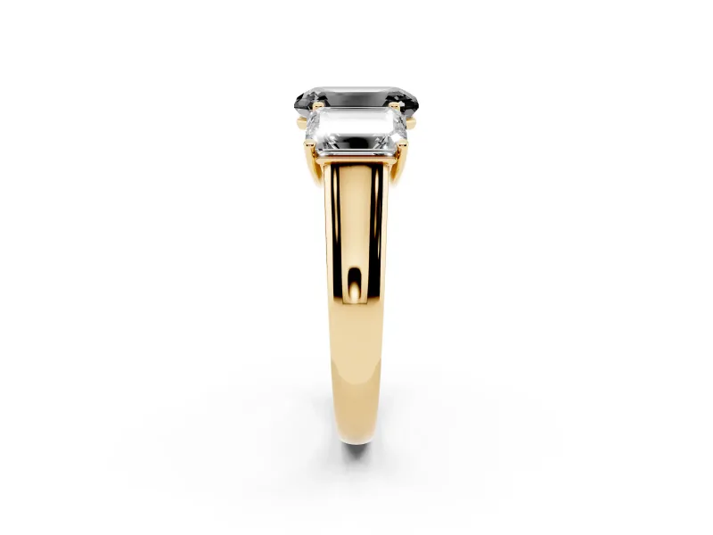 Fancy Black Emerald Cut Diamond Three-Stone Ring Set in Yellow gold with Plain Polished Band