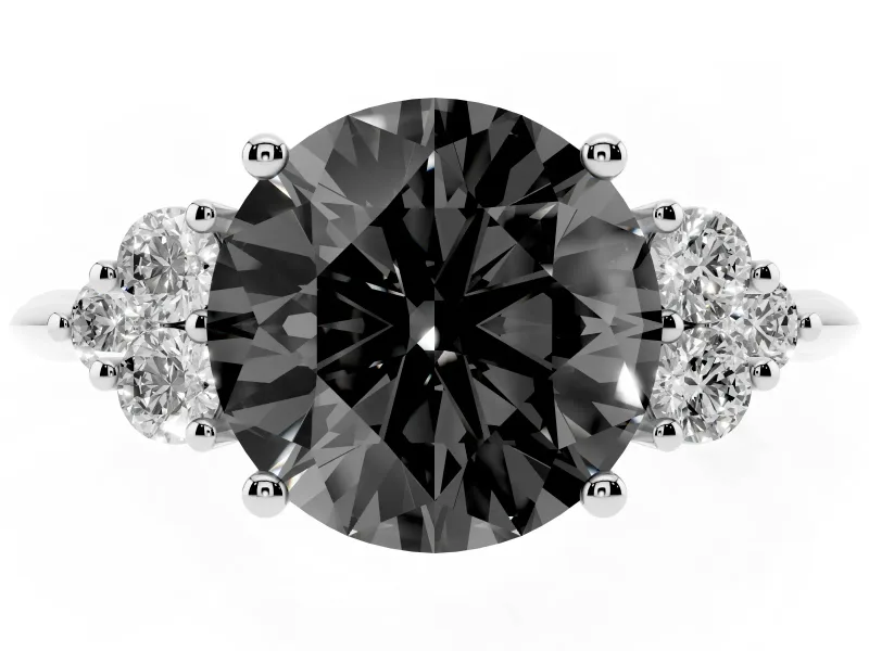 Round Cluster Accent Engagement Ring Setting for a Black Center | Plain Band | Sterling Silver