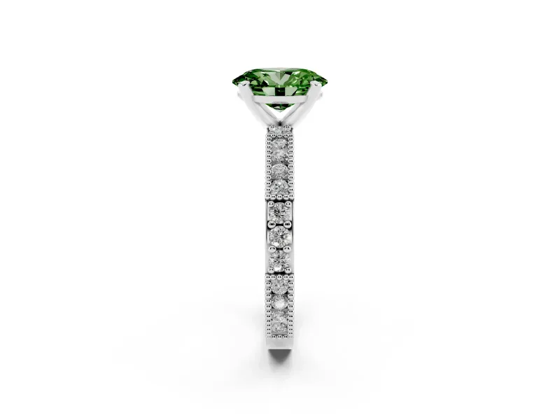 Fancy Green Oval Cut Diamond Solitaire Ring Set in White gold with Slim Pavé Band and Prong Setting