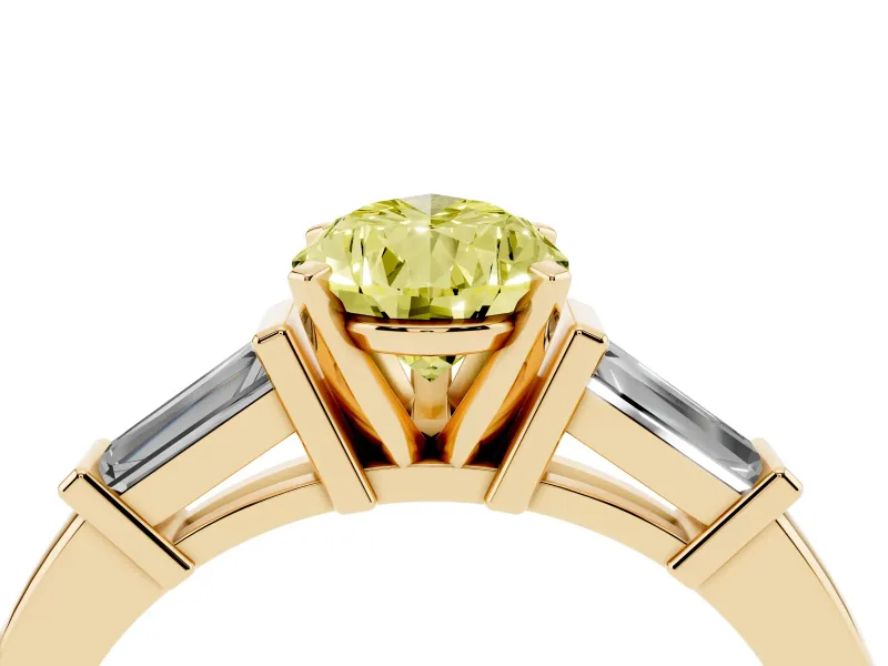 Pear-Shaped Three-Stone Engagement Ring Setting for a Fancy Yellow Lab-Grown Diamond | Tapered Baguettes | Yellow Gold