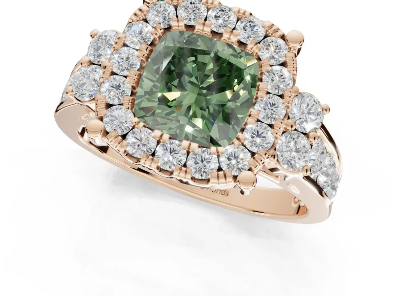 Cushion Cut Halo Engagement Ring Setting for a Fancy Green Lab-Grown Diamond | Graduated Channel Band | Rose Gold
