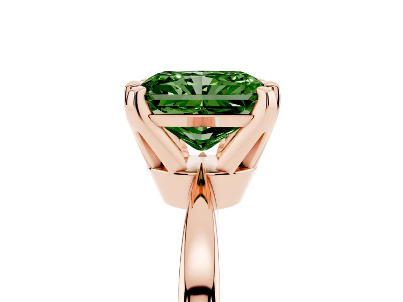 Fancy Green Radiant Cut Diamond Solitaire Engagement Ring Set in Rose gold with Slim Tapered Solitaire Band