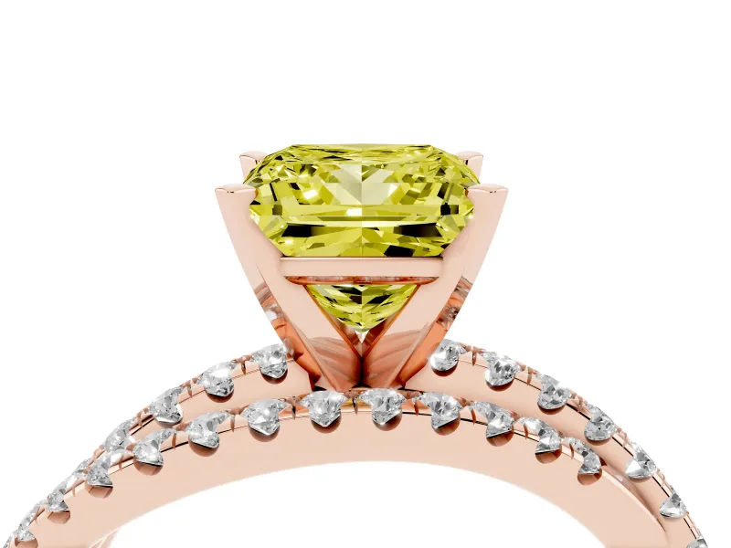 Fancy Yellow Princess Cut Diamond Solitaire Twist Band Ring Set in Rose gold with Pavé Setting and Prong Head
