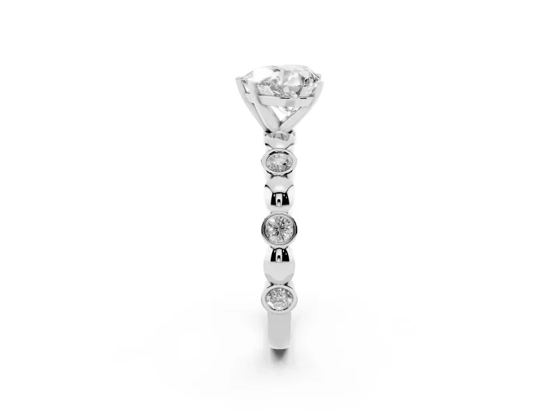 Heart Cut Diamond Solitaire Ring Set in Silver with Bezel-Set Accents on Beaded Band and Prong Setting
