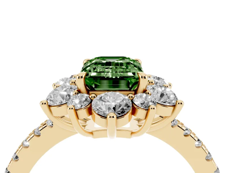 Fancy Green Emerald Cut Diamond Floral Halo Ring Set in Yellow gold with Round Pavé Band and Prong Setting