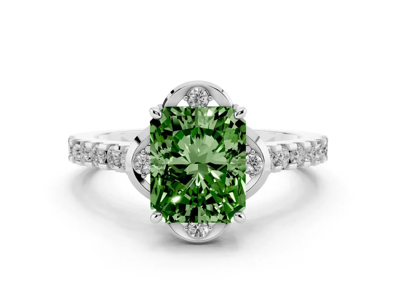 Fancy Green Radiant Cut Diamond Solitaire Ring Set in Silver with Pavé Band and Floral Prong Setting
