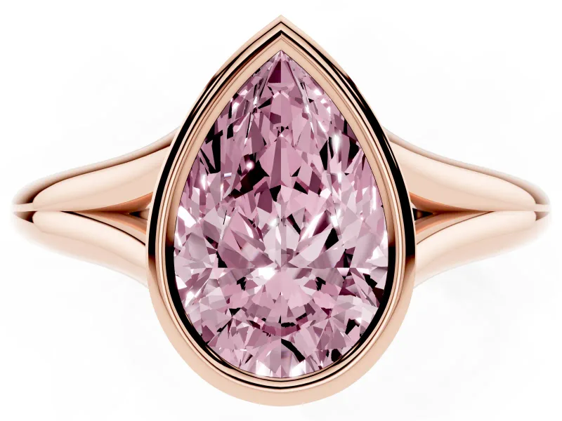 Fancy Pink Bezel Set Pear Cut Diamond Solitaire Ring Set in Rose gold with Tapered Band