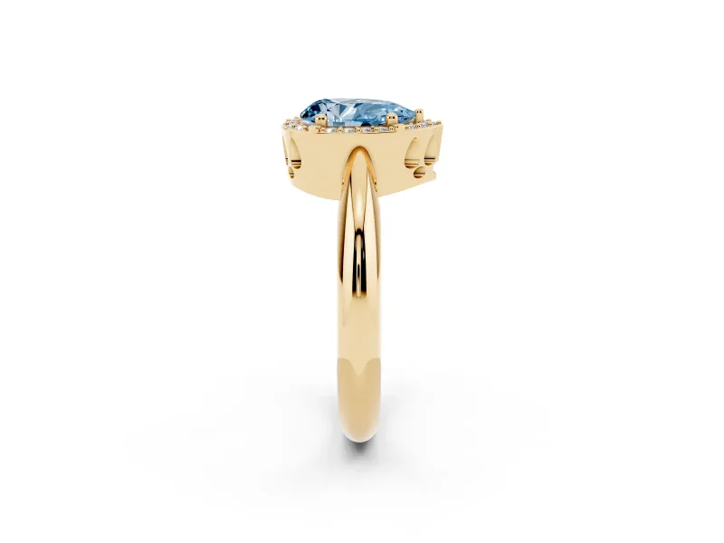Fancy Blue Pear Cut Diamond Halo Engagement Ring Set in Yellow gold with Plain Split Shank and Prong Setting