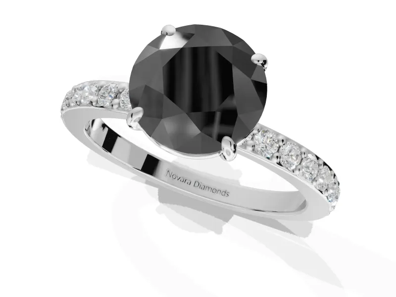 Round Hidden Halo Solitaire Engagement Ring Setting for a Black Center | Pavé Band | Platinum