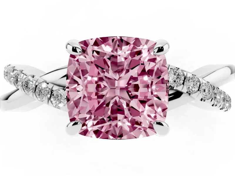Fancy Pink Cushion Cut Diamond Twist Band Solitaire Set in Platinum with Pavé Accents and Prong Setting