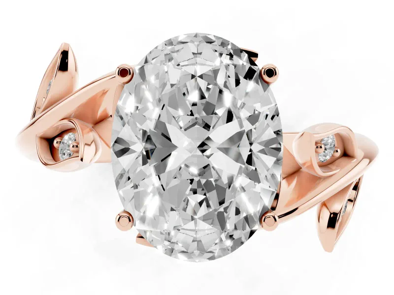 Oval Cut Diamond Solitaire Twist Engagement Ring Set in Rose gold with Pavé Leaf Accents