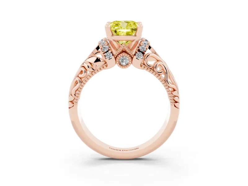 Fancy Yellow Cushion Cut Diamond Filigree Halo Engagement Ring Set in Rose gold with Prong Setting