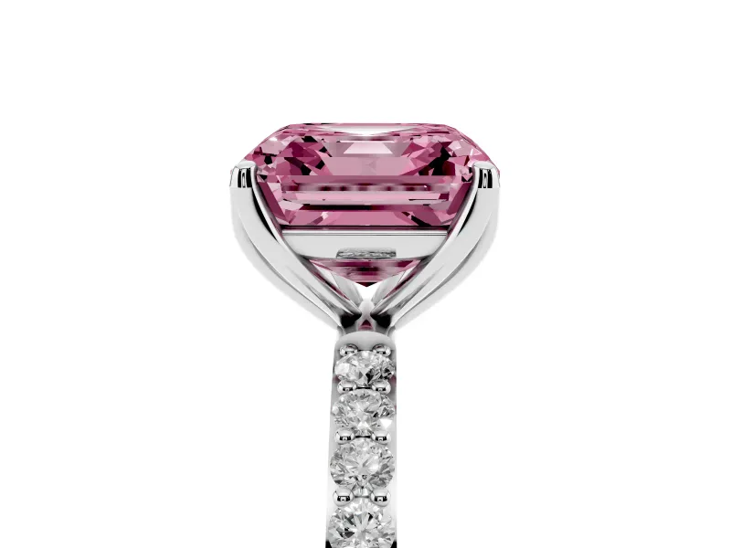 Fancy Pink Asscher Cut Diamond Solitaire Engagement Ring Set in Platinum with Round Pavé Band and Prong Setting