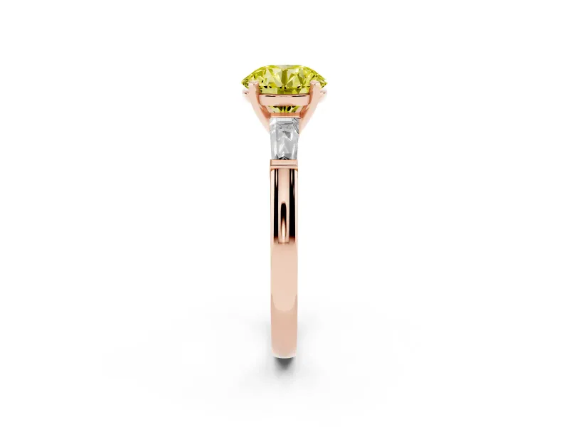 Round Three Stone Engagement Ring Setting for a Fancy Yellow Lab-Grown Diamond | Tapered Baguettes | Rose Gold