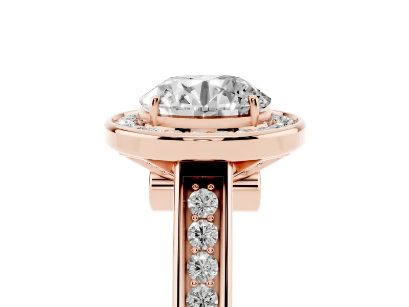 Round Cut Diamond Halo Solitaire Ring Set in Rose gold with Pavé Band and Bezel Setting