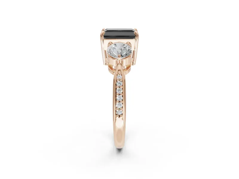 Fancy Black Radiant Cut Lab-Grown Diamond Three-Stone Ring Set in Rose Gold with Channel-Set Band and Prong Setting