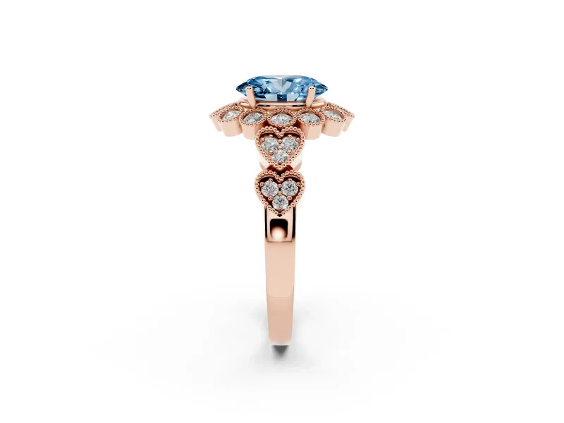 Oval Scalloped Halo Engagement Ring Setting for a Fancy Blue Lab-Grown Diamond | Heart Pavé Band | Rose Gold
