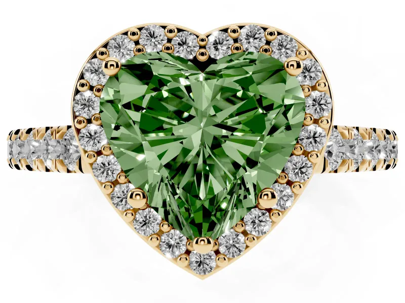 Fancy Green Heart Cut Diamond Halo Engagement Ring Set in Yellow gold with Pavé Band and Prong Setting
