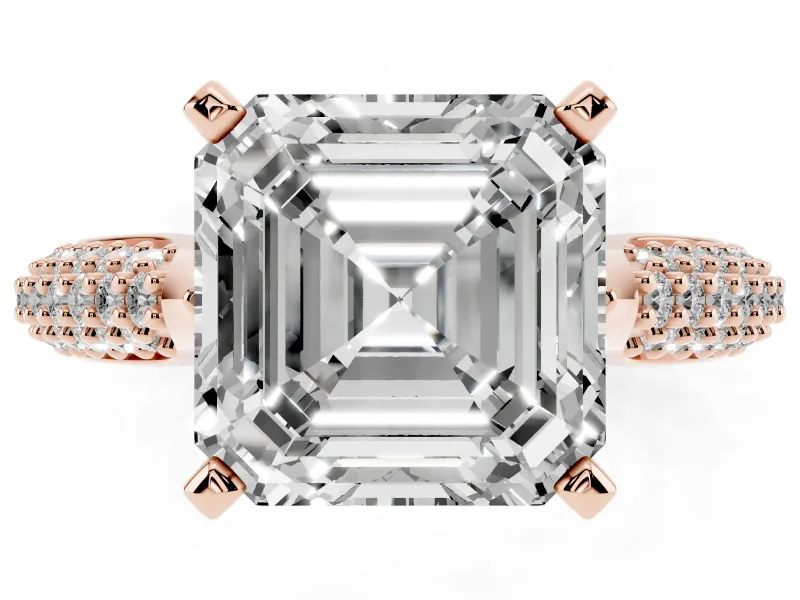 Asscher Cut Diamond Solitaire Engagement Ring Set in Rose gold with Multi-Row Round Pavé Band and Prong Setting