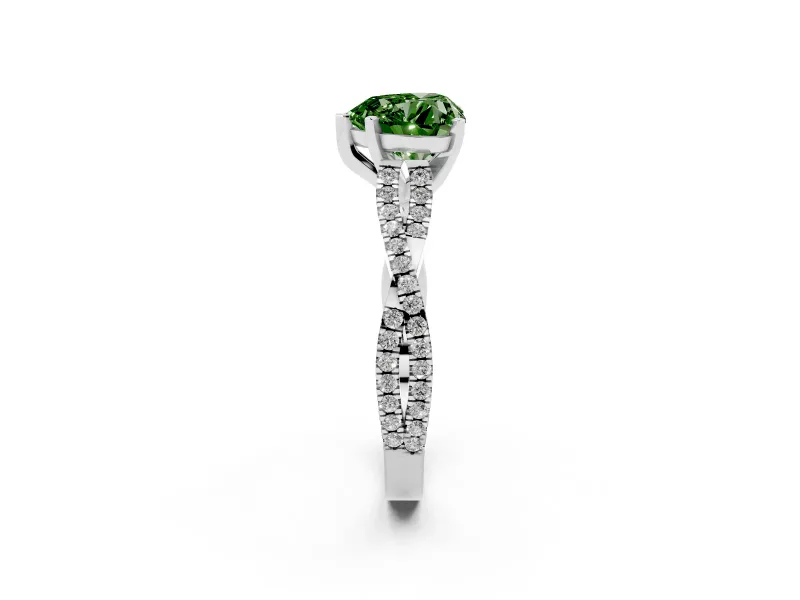 Fancy Green Heart Cut Diamond Solitaire Engagement Ring Set in Platinum with Twisted Pavé Band and Prong Setting