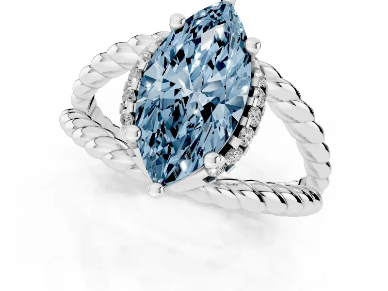 Fancy Blue Marquise Cut Diamond Halo Ring Set in White gold with Twisted Band and Prong Setting