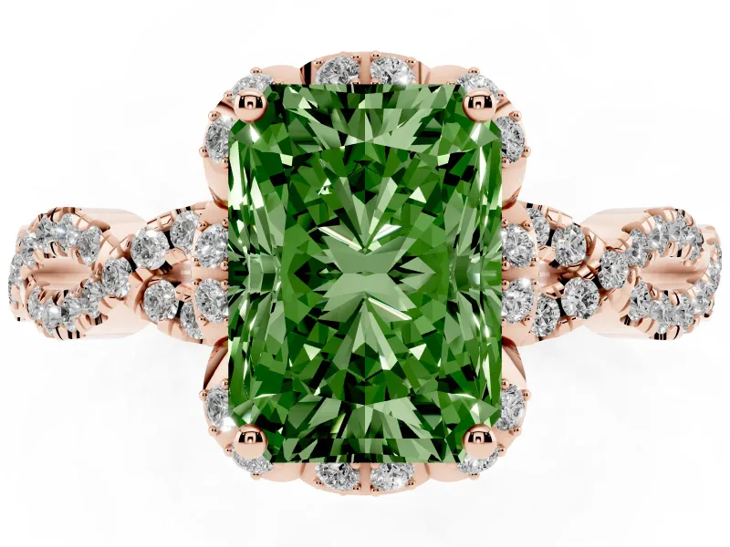 Radiant Cut Milgrain Halo Engagement Ring Setting for a Fancy Green Lab-Grown Diamond | Graduated Shoulders | Rose Gold