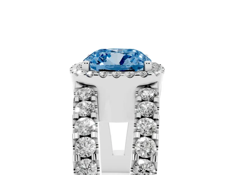 Fancy Blue Cushion Cut Diamond Halo Ring Set in White gold with Pavé Split Shank and Prong Setting