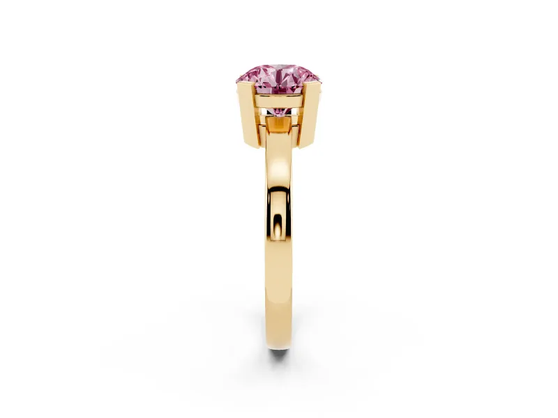 Fancy Pink Round Cut Diamond Solitaire Ring Set in Yellow gold with Prong Head and Smooth Polished Band