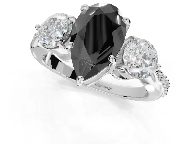 Fancy Black Pear-Shaped Lab-Grown Diamond Three-Stone Ring Set in Sterling Silver with Channel-Set Band and Prong Setting
