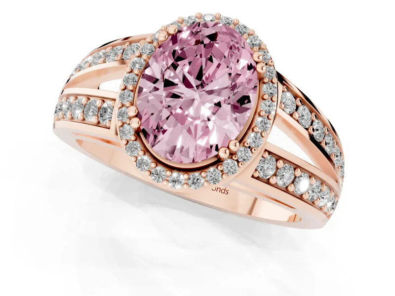 Fancy Pink Oval Cut Diamond Halo Ring Set in Rose gold with Double Pavé Split Shank