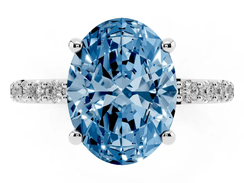 Fancy Blue Oval Cut Diamond Solitaire Ring Set in White gold with Round Pavé Band and Prong Setting