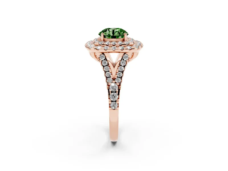 Round Halo Split Shank Engagement Ring Setting for a Fancy Green Lab-Grown Diamond | Pavé Strands | Rose Gold