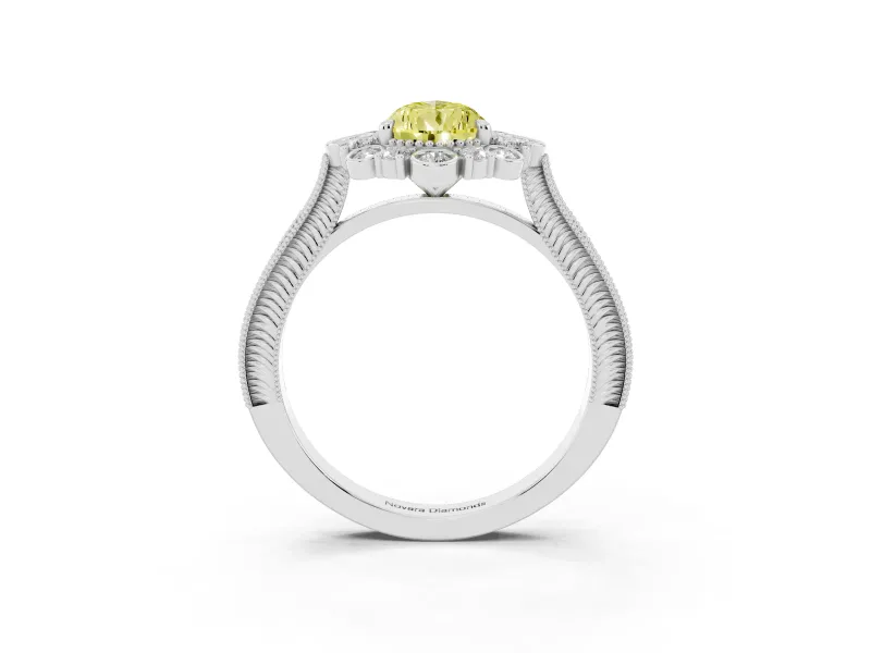 Fancy Yellow Pear Cut Diamond Halo Milgrain Pavé Ring Set in Platinum with Prong Setting