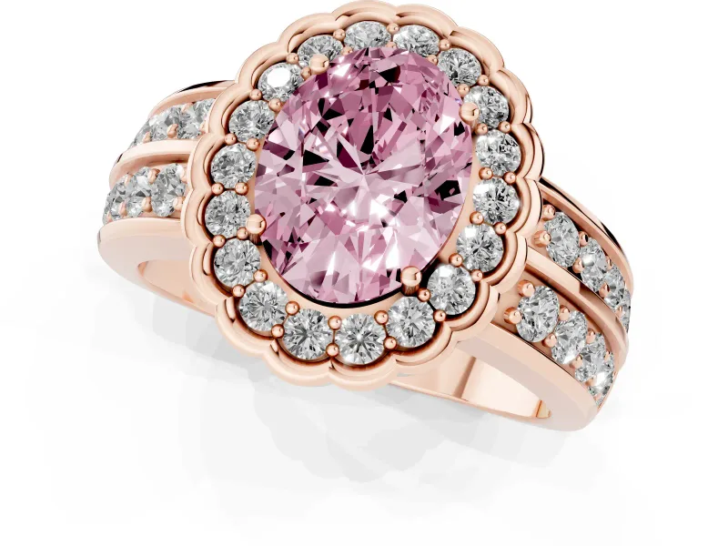 Fancy Pink Oval Cut Diamond Scalloped Halo Ring Set in Rose gold with Pavé Split Shank